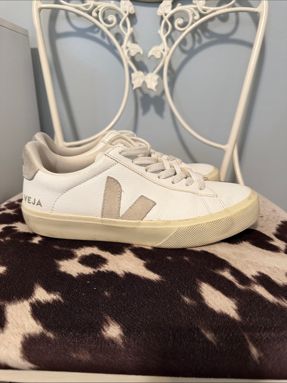 Veja Women's White Low-Top Sneakers with Beige V Detail